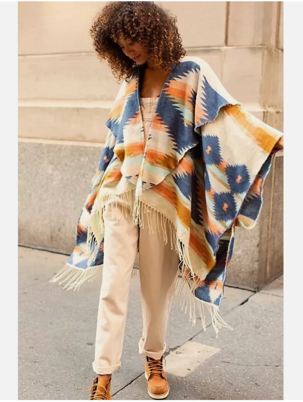 Free People Crossroads Poncho Southwestern Fringe Cape Wrap Boho One Size